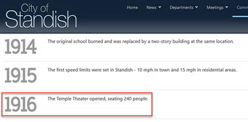 Temple Theatre - Mention From City Of Standish Web Site (newer photo)